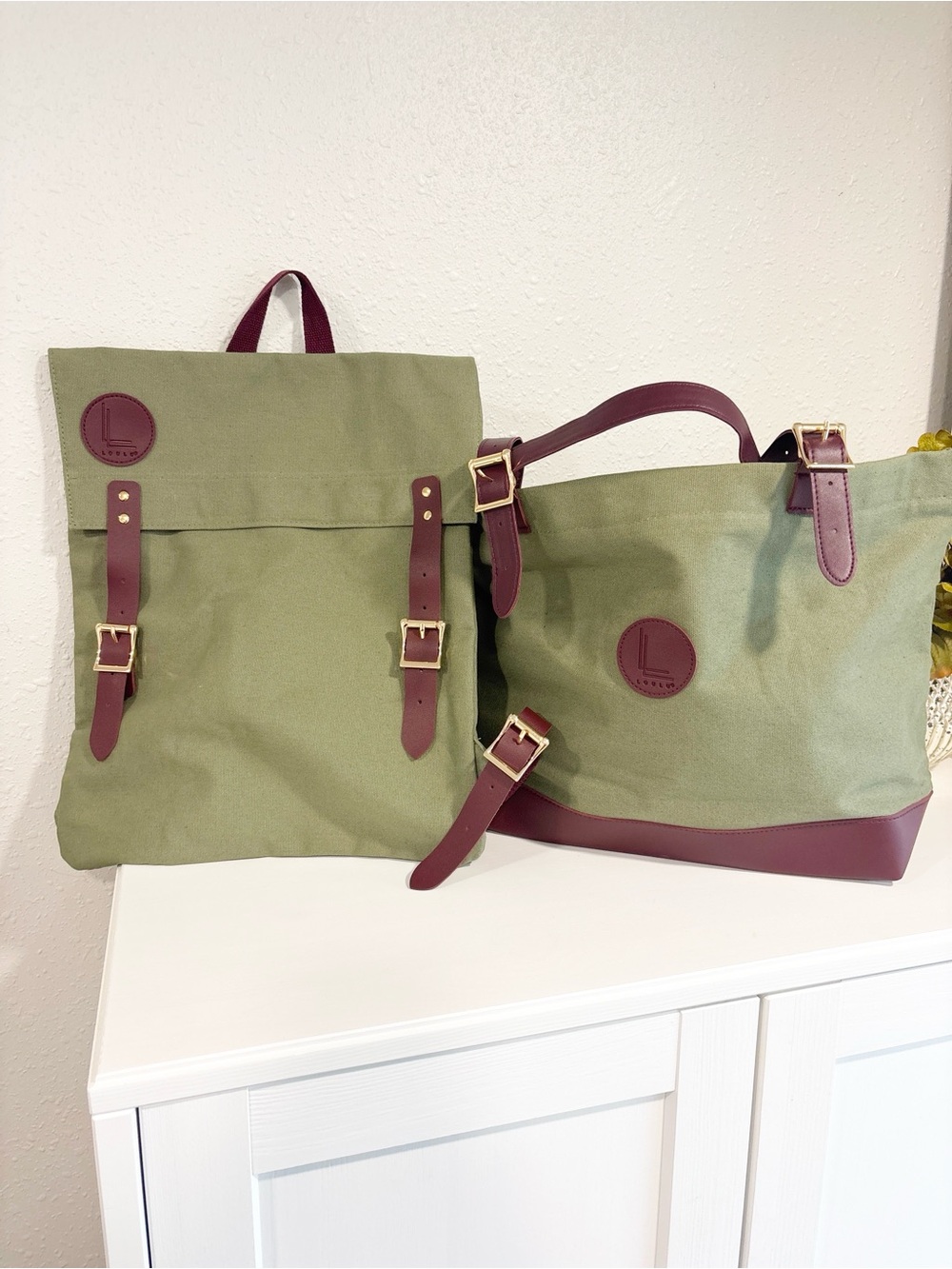 LouLuo studio shoulder bag and backpack set.
